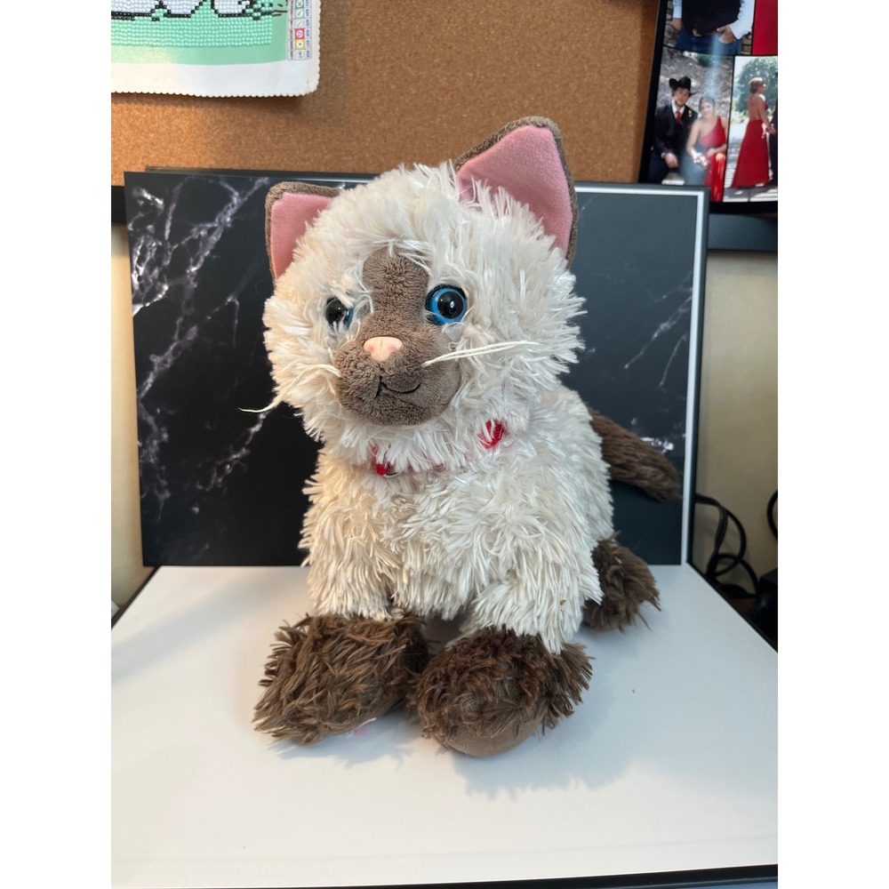 Build A Bear Siamese Cat‎ Plush Shaggy Cream Brown Blue Eyes Red Collar BAB Toy